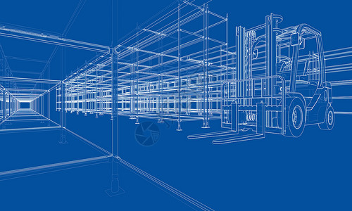 仓库图仓库架货架和叉车送货力量柴油机加载商品车辆拖拉机装载机蓝图作坊背景
