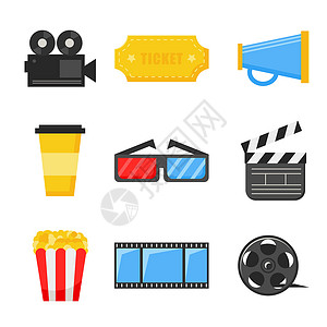 电影票图标电影院图标-一组明亮的平面图标 电影和电影背景
