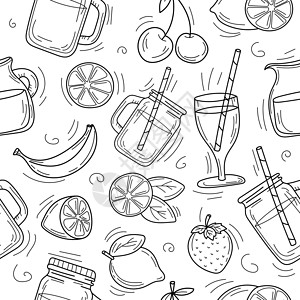 卡通手绘水果夏季鸡尾酒和柠檬水的可爱卡通手绘背景饮料玻璃雕刻薄荷水果柠檬果汁绘画热带派对背景