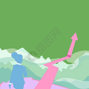 往山上走的女士用箭头标记成功 女商务人士朝着她的成就迈进 山上有一个大标记人士套装生长山峰金融墙纸创造力竞赛图形商务背景图片