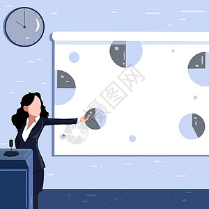 女士绘图站着拿着投影仪遥控器呈现饼图 女性设计展台使用投影机进行演示人士时间成人男人办公室职业计算机经理战略创造力背景图片