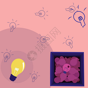 在显示新发现的框中发光的灯泡绘图 板条箱中闪亮的玻璃灯设计展示了新的信息和意义头脑商业教育想像力推介会创造力学习成功沉思绘画插画