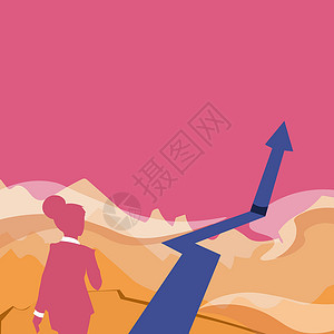 往高处走往山上走的女士用箭头标记成功 女商务人士朝着她的成就迈进 山上有一个大标记推介会商务计算机人士冒险金融男人财富图形成人设计图片