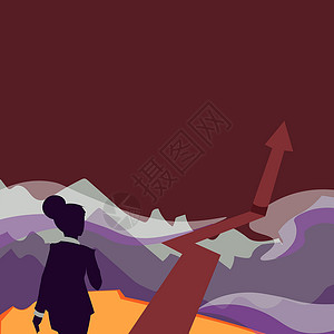 往山上走的女士用箭头标记成功 女商务人士朝着她的成就迈进 山上有一个大标记套装冒险卡通片男人商务职业竞赛成人计算机金融背景图片