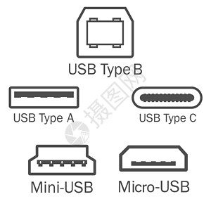 Usb 端口图标设置 矢量插图 平面设计背景图片