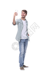 年轻男子自食其力手机自拍乐趣潮人衬衫蓝色拍照照片电话快乐背景