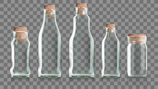 透明酒瓶素材与 Cork 阻塞器隔离的现实透明的清瓶杯子软木反射白色水晶瓶子塞子奶制品高脚杯玻璃插画
