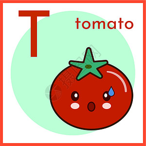 Cartoon 字母缩写闪卡 T 是番茄平板矢量插图设计图片