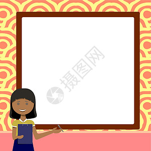 向老师问好女士绘图站着拿着剪贴板向团队提出新想法 使用木板为学生展示新技术广告牌教授男人框架成功微笑广告成人商业孩子设计图片