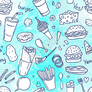 快餐美味的手绘矢量无缝涂鸦图案 包括汉堡 热狗和炸薯条小吃菜单插图筹码薯条绘画咖啡土豆午餐饮料插画
