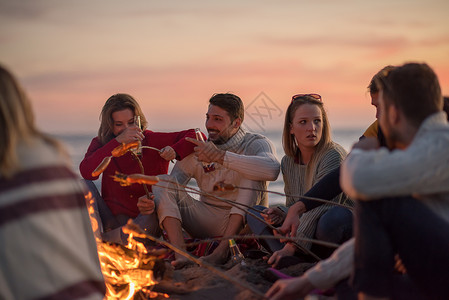 坐在海滩火炉边的年轻朋友团体火焰冒险温暖朋友们烹饪野餐饮料假期营火乐趣背景图片