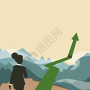 往高处走往山上走的女士用箭头标记成功 女商务人士朝着她的成就迈进 山上有一个大标记冒险战略推介会商务人士职业愿望山峰男人套装设计图片