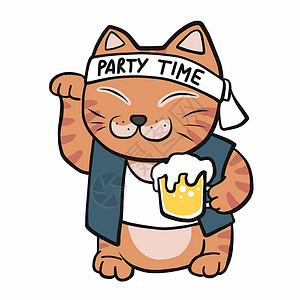 日本啤酒日本幸运猫Maneki Neko 配有啤酒杯卡通漫画矢量插图庆典猫咪动物魅力卡通片派对标识饮料啤酒艺术插画