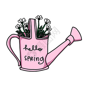 粉色标识水中的黛西花朵 你好春天卡通矢量插图插画