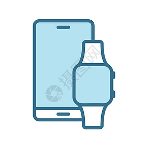 手表UI智能手机和智能手表线性蓝色图标隔离在白色 智能设备技术平面矢量图标 带有蓝色笔划 用于网络和移动应用程序 ui 设计 同步颜色矢设计图片