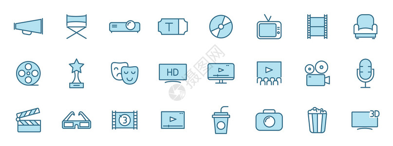 战狼2电影电影线性矢量图标在白色背景上隔离的两种颜色 为网页设计 ui 移动应用程序和打印设置的电影和电影蓝色图标艺术幻灯片卷轴星星用户商设计图片