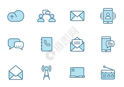 ps框线素材通信线矢量图标在白色上孤立的两种颜色 用于 web 和 ui 设计 移动应用程序和印刷产品的通信蓝色图标集办公室邮件话框麦克风电设计图片