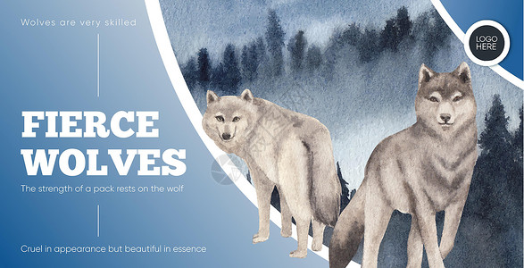 狼照片素材冬季概念中的狼的广告牌模板 水彩风格野生动物动物园营销力量捕食者动物猎人哺乳动物插图毛皮插画