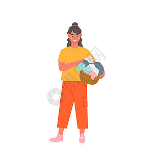 衣服篮快乐女孩拿着洗衣篮 用平式的矢量说明插画