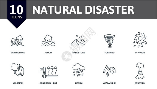 台风龙卷风元素收集简单的元素 如地震 洪水 沙尘暴 龙卷风 雪崩 异常热量 火山喷发等要素插画