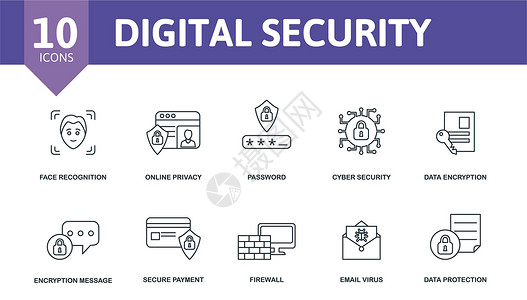 人脸识别界面数字安全图标集 人脸识别 在线隐私 密码 网络安全 电子邮件病毒 安全支付 数据保护等简单元素的集合插画