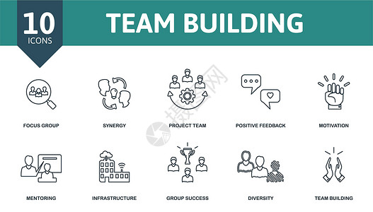 团队建设图标集 简单元素的集合 如焦点小组 协同作用 项目团队 积极反馈 多样性 基础设施 团队建设插画