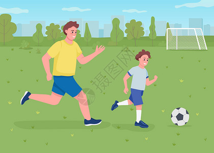 踢足球的孩子使用爸爸平板彩色矢量插图踢足球插画