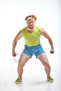 红发 胡胡子 大胖子抓着那些哑铃男人身体健身房动机重量男性损失运动胡子肥胖背景图片