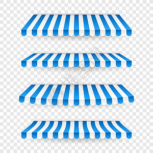 白色咖啡厅蓝色和白色的遮阳伞 咖啡厅和商店橱窗隔离矢量集的户外遮阳篷 用于市场的帐篷遮阳伞 用于商店插图的条纹夏季扇贝遮阳棚杂货店店面庇护插画