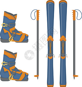 滑雪器材冬季运动套装 包括速降滑雪板 滑雪靴和滑雪杖 用于比赛和户外活动的运动器材 在白色背景上孤立的矢量图插画