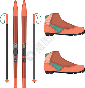 滑雪器材运动冬季套装带有越野滑雪 滑雪靴的形象 用于比赛和户外活动的运动器材 在白色背景上孤立的矢量图插画