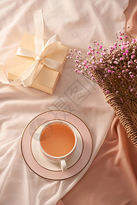 茶杯 礼品盒和浅底花朵白色托盘蓝色女士茶碗杯子粉色背景图片