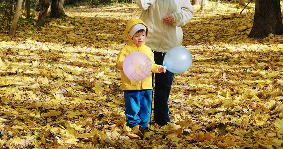 树叶中的气球小孩子和母亲玩着充气气球 秋天的大自然喜悦童年季节家庭树叶公园小树林天气森林父母背景