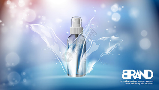水管子新鲜喷洒中的蓝水瓶横幅治疗插图气泡化妆品皮肤液体润肤蓝色空气插画
