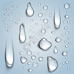轻蓝背景的水滴 以淡蓝色背景环境气泡收藏玻璃艺术雨滴插图窗户反射蓝色背景图片