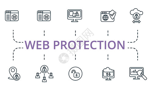 登入web界面Web 保护图标集 组安全 数据保护 13 错误 浏览器保护 云传输保护等简单元素的集合插画