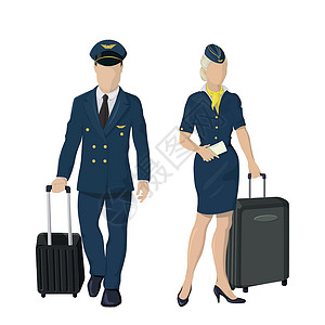 阴云密布队长身穿白色背景制服的驾驶员和空姐     矢量团队队长女士航空公司工作插图女性飞机场运输服务员插画