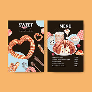 地中海餐厅西班牙甜点概念 水彩色风格的菜单模板旅行国家咖啡店烹饪食物美食文化巧克力面团糕点插画