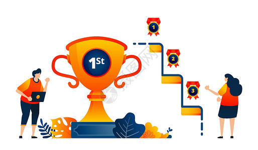 战略合作仪式人们获得第一名 第二名 第三名的奖杯 庆祝胜利 矢量插图概念可用于登陆页面 模板 ui ux web 移动应用程序 海报 横幅插画