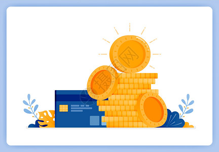 西一边矢量图的一堆货币硬币与信用卡在一边 债务的笑话 矢量插图集隔离在白色背景上 可用于登陆页面 网站 海报 移动应用程序设计图片