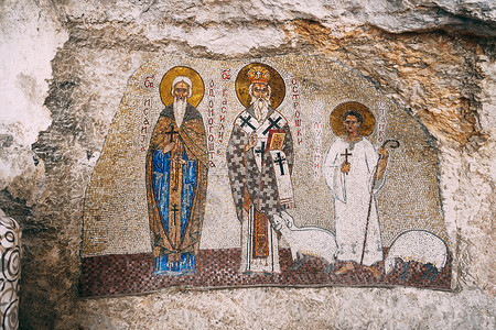 基督教墙黑山奥斯特罗格修道院描绘圣巴西尔的摩萨伊克背景