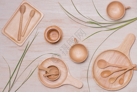 收集新的木制厨房用餐 碗 盘子 勺子 碟子 碗饭背景图片
