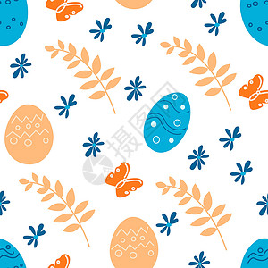 无缝复活节主题模式 配有鸡蛋和花朵背景图片