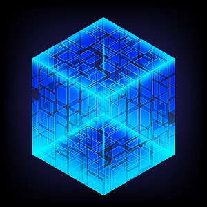 明亮的能量盒 光几何 智能代码 大数据 数字芯片 眩光网格线 发光 3D 立方体 中央处理器核心 抽象技术背景 未来的高科技科学背景图片