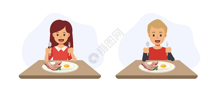 我要吃早餐概念 食物 膳食 美味 孩子要吃早餐 快乐享受 平面矢量 2D 卡通人物插画插画
