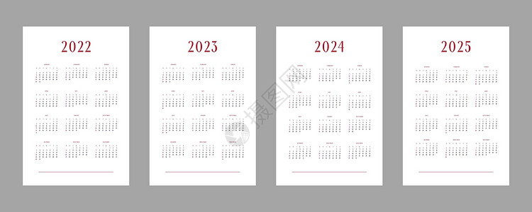 2022年2022年2023年2024年2025年日历个人时间表模板 采用最低潮时风格网格商业季刊日记桌子规划师季节办公室记事簿插画