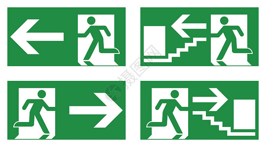 右出口素材紧急出口安全标志 绿色背景的白色跑步男子图标-左 右和楼梯版本插画