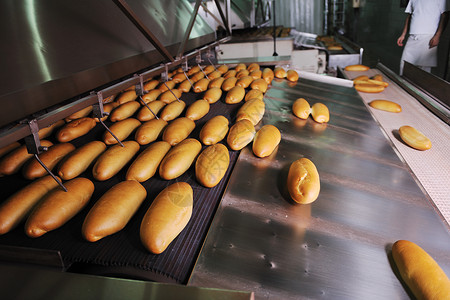 面包工厂生产自动化粮食营养植物运输车传送带托盘作坊饼干食物背景