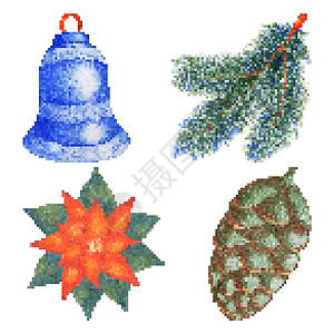一套由有色笔绘制的圣诞元素锥体手绘新年蓝铃铅笔收藏杉枝松树彩色背景图片