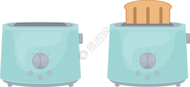 烤面包早晨带有蓝色烤面包机图像的插图 烤面包机烤面包和空 专为烤薄面包片而设计的厨房电器 在白色背景上孤立的矢量图插画
